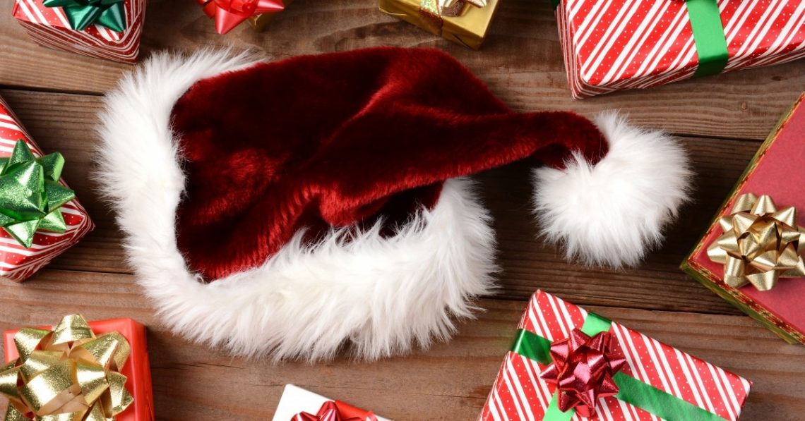 gifts and a Santa hat